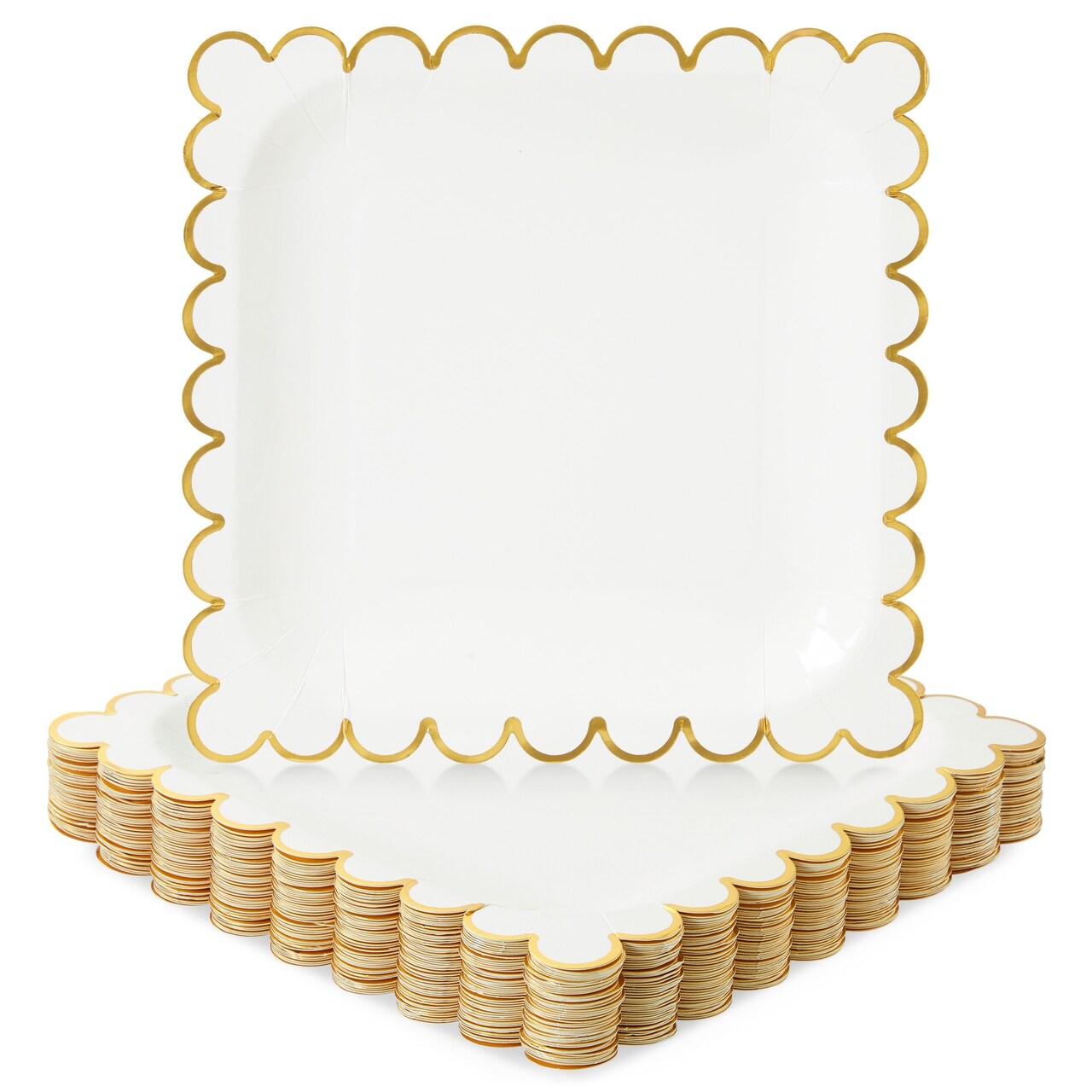 48 Pack Square White and Gold Paper Plates with Foil Scalloped Edges for Wedding, Bridal Shower, Birthday (9 In)